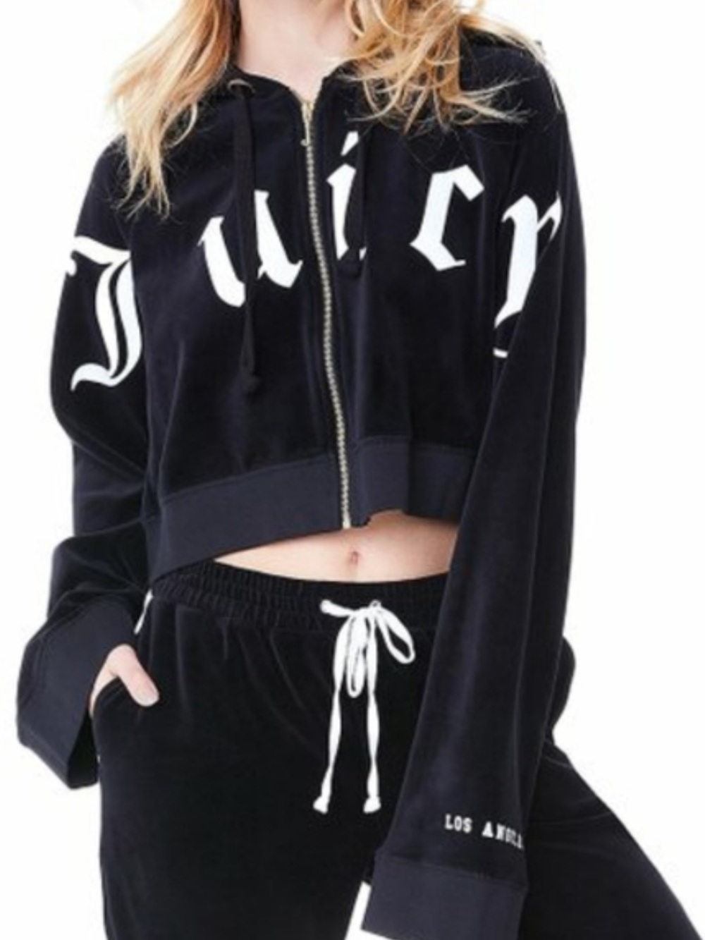 Juicy Couture Black Velour Cropped Zip Hoodie with White Logo SZ MEDIUM vintage